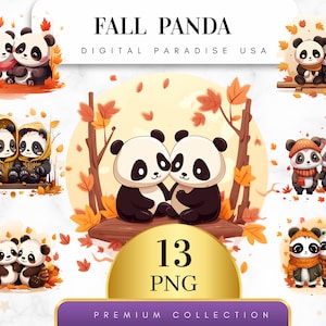 Set of 13, Fall Panda Clipart, Panda PNG, Autumn Clipart, Animal Clipart, Junk Journal, Watercolor Panda, Sublimation PNG, Digital Download