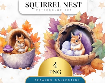 Set of 4, Squirrel Nest Clipart, Squirrel PNG, Woodland Clipart Png, Squirrel Clipart, Nursery Clipart, Sublimation PNG, Digital Download