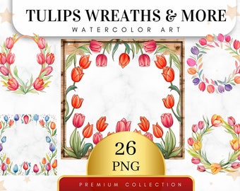 Set von 26, Tulpen Kranz Clipart, Tulpe PNG, Blumenrahmen Clipart, Aquarell Floral, Blumenkunst, Hochzeit Clipart, Blumenkranz, Digital PNG