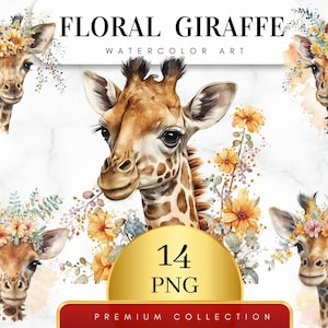 Conjunto de 14, girafa floral em aquarela, clipart de girafa floral, arte de berçário, planejador digital, criação de cartões, registro no diário, chá de bebê, digital png