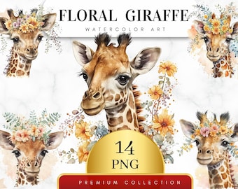 Lot de 14, aquarelle florale de girafe, Clipart floral de girafe, art de la chambre d'enfant, agenda numérique, fabrication de cartes, journalisation, baby shower, PNG numérique