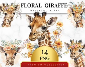 Set von 14, Aquarell Blumen Giraffe, Blumen Giraffe Clipart, Kinderzimmer Kunst, Digitaler Planer, Kartenherstellung, Journaling, Babyparty, Digital PNG