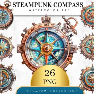 Set of 26, Steampunk Compass Clipart, Vintage Compass PNG, Victorian Nautical Art, Retro Clipart, Sublimation Png, Wall Art,Digital Download image 1