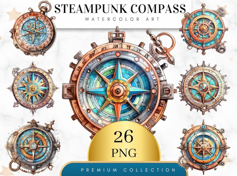 Set of 26, Steampunk Compass Clipart, Vintage Compass PNG, Victorian Nautical Art, Retro Clipart, Sublimation Png, Wall Art,Digital Download image 1