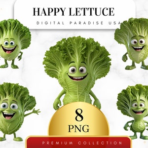 Set of 8, Happy Lettuce Clipart, Salad Clipart, Vegetable Clipart, Greenery PNG, Kitchen Decor, Digital Download, Sublimation PNG