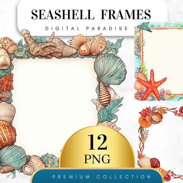 Set of 12, Seashell Frames Clipart, Seashell Border, Seashell PNG, Nautical Clipart, Summer Clipart, Seashell Art, Wall Art,Digital Download