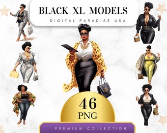 Set of 46, Black XL Models Clipart, Fashion Models, Runway Models, Fashion Illustration, Glamour Clipart, Digital Download, Sublimation PNG