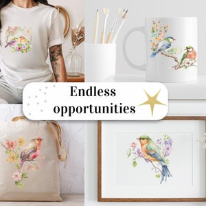 Puede incluir: Un conjunto de cuatro dise&ntilde;os diferentes con ilustraciones de acuarela de p&aacute;jaros y flores. Los dise&ntilde;os est&aacute;n impresos en una camiseta blanca, una taza blanca, una bolsa de tela beige y una impresi&oacute;n enmarcada. El texto "Endless opportunities" se muestra en una pancarta blanca.