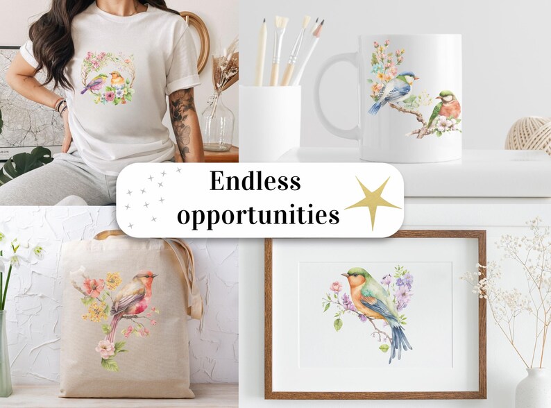 Puede incluir: Un conjunto de cuatro dise&ntilde;os diferentes con ilustraciones de acuarela de p&aacute;jaros y flores. Los dise&ntilde;os est&aacute;n impresos en una camiseta blanca, una taza blanca, una bolsa de tela beige y una impresi&oacute;n enmarcada. El texto "Endless opportunities" se muestra en una pancarta blanca.
