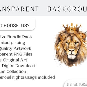 May include: A watercolor illustration of a lion wearing a gold crown. The lion has a serious expression and is looking directly at the viewer. The background is white with a few splatters of paint.