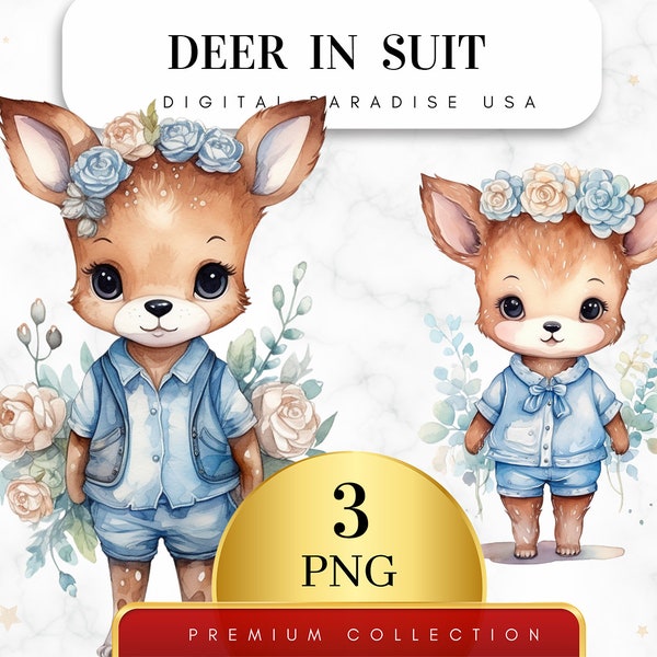 Set of 3, Deer in Suit Clipart, Deer in Suit PNG, Animal in Suit, Deer Clipart, Deer PNG, Watercolor Deer, Digital Download, Sublimation PNG