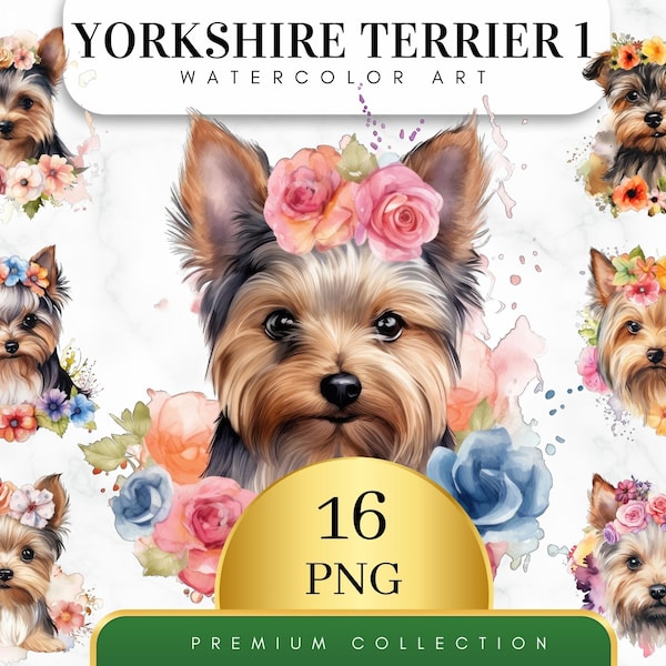 Lot de 16, Floral Yorkshire Terrier 1, Yorkshire Terrier PNG, Clipart Yorkie, Clipart chien, Art chien, Art mural, Sublimation, téléchargement numérique