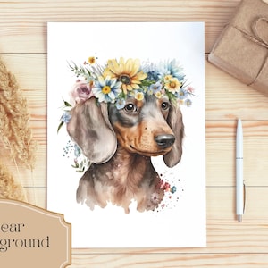 May include: A watercolor painting of a dachshund wearing a flower crown. The dog is brown and black with a white background. The flowers in the crown are yellow, blue, pink, and white.