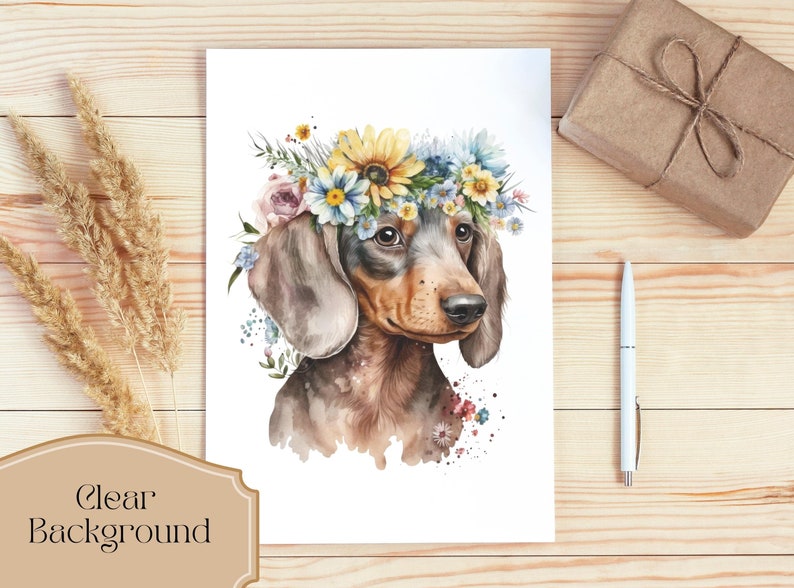 May include: A watercolor painting of a dachshund wearing a flower crown. The dog is brown and black with a white background. The flowers in the crown are yellow, blue, pink, and white.