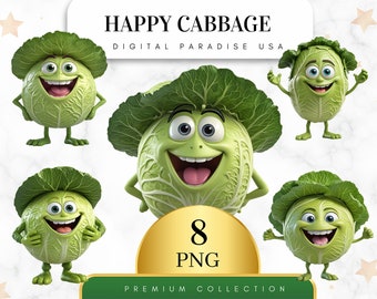 Set of 8, Happy Cabbage Clipart, Cabbage Bundle, Cute Vegetable Clipart, Cabbage PNG, Scrapbooking, Sublimation PNG, Digital Download