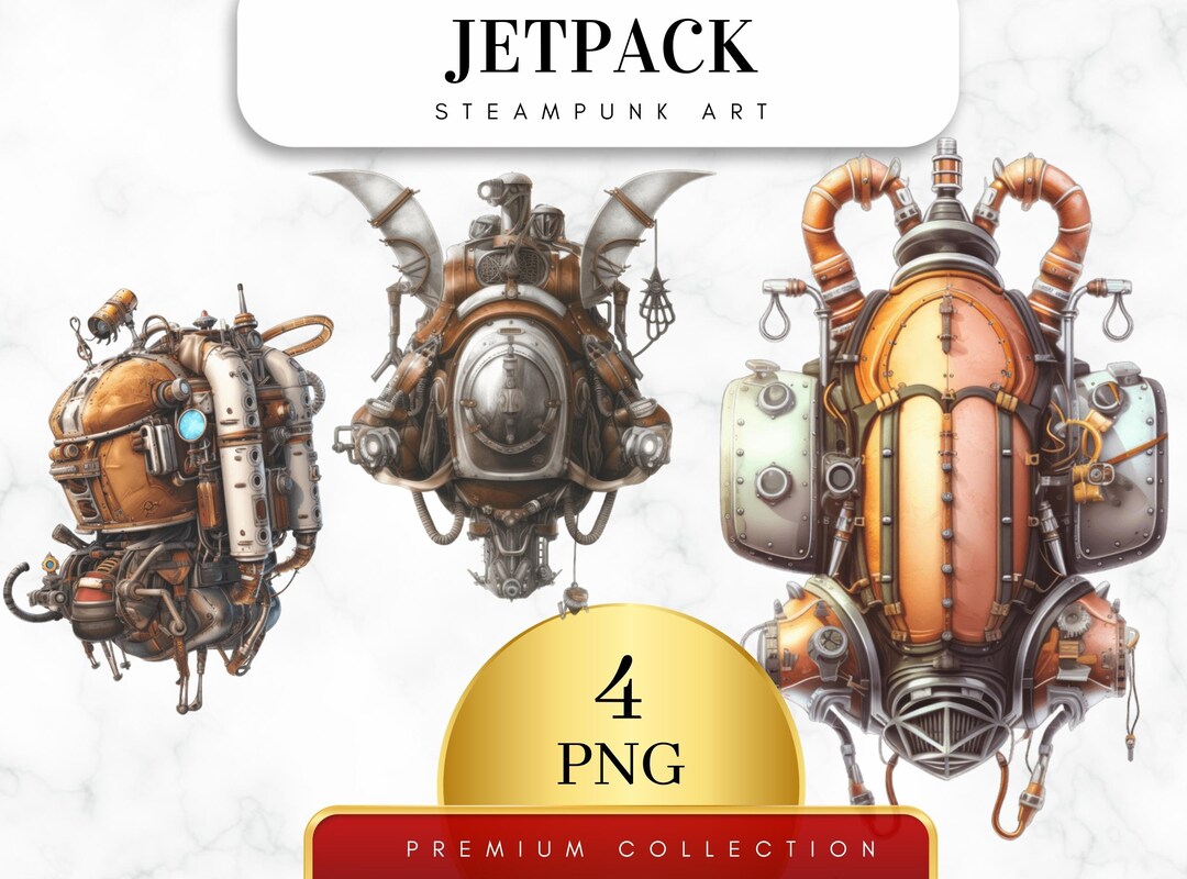 Set of 4, Steampunk Jetpack Clipart, Watercolor Steampunk Png