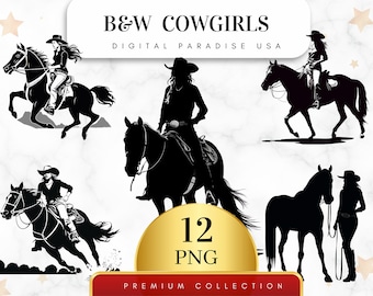 Set of 12, B&W Cowgirls Clipart, Cowgirl PNG, Western Clipart, Rodeo Clipart, Cowgirl Art, Vintage Cowgirl, Sublimation PNG,Digital Download