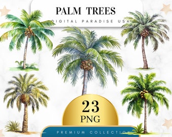 Set of 23, Palm Trees Clipart, Tropical Trees Clip Art, Summer Clipart, Watercolor Trees, Palm Tree PNG, Sublimation PNG, Digital Download