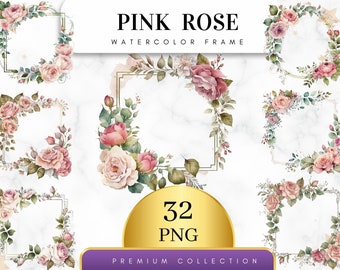 May include: A set of 32 watercolor floral frames featuring pink roses, greenery, and gold accents. The frames are perfect for adding a touch of elegance to your designs.