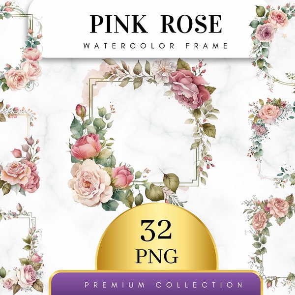 Set di 32, cornice di rose rosa acquerello, clipart cornice floreale. Bordo floreale dell'acquerello. Cornice ad angolo con bouquet floreale verde, PNG digitale