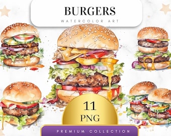 Set of 11, Watercolor Burger clipart, Fast food clipart bundle, Hamburger Clipart, Fast Food Png, Sublimation Png, Scrapbooking, Digital Png