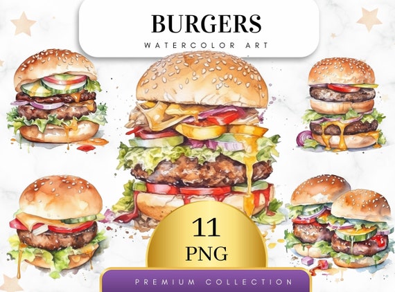 Set of 11, Watercolor Burger clipart, Fast food clipart bundle, Hamburger Clipart, Fast Food Png, Sublimation Png, Scrapbooking, Digital Png