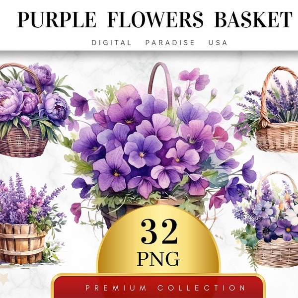 Set of 32, Purple Flower Basket Clipart, Flower Basket PNG, Floral Clipart, Spring Clipart, Purple Flowers, Sublimation, Digital Download.
