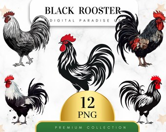 Set of 12, Black Rooster Clipart, Farm Animal Clipart, Rooster PNG, Watercolor Rooster, Farmhouse Decor, Sublimation PNG, Digital Download