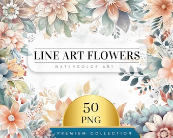 Conjunto de 50, arte lineal de flores de acuarela, flores PNG, clipart floral, estampado floral, clipart botánico, clipart floral PNG, clipart de boda, clipart digital PNG