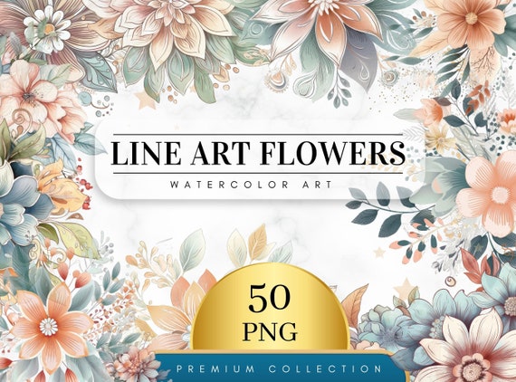 Set of 50, Watercolor Flower Line art, Flower png, Floral Clipart, Floral Print, Botanical Clipart, Floral Png, Wedding Clipart, Digital Png