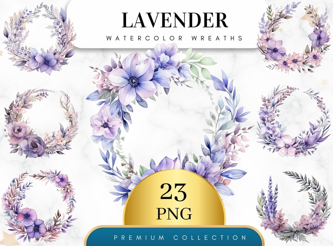 Set of 23, Watercolor Lavender Floral Wreaths, Floral Frame Clipart ...