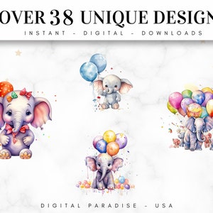 Set of 38, Watercolor Elephant With Balloons, Baby Elephant Clipart Png ...