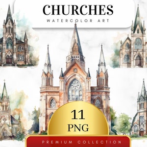Conjunto de 11, igreja e bancos de casamento em aquarela, clipart de casamento, clipart de igreja, pacote de arte de igreja para artesanato em papel, fabricação de cartões, PNG digital