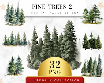 Set of 32, Watercolor Pine Trees Clipart, Pine Tree PNG, Pine Tree Bundle, Pine Tree Scrapbook, Pine Tree Art, Sublimation, Digital Download