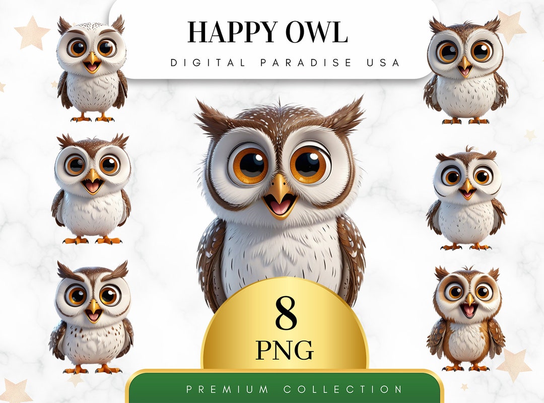 Set of 8, Happy Owl Clipart Bundle, Cute Owl PNG, Woodland Animal ...
