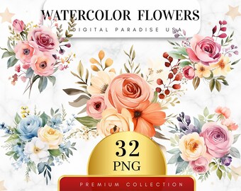 Set of 32, Watercolor Flower Clipart, Flower PNG, Floral Clipart, Wedding Clipart, Scrapbook Elements, Digital Download, Sublimation PNG