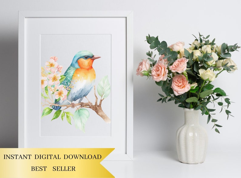 Puede incluir: Una pintura de acuarela de un p&aacute;jaro azul, naranja y verde posado en una rama con flores rosas. El p&aacute;jaro est&aacute; rodeado de hojas verdes. La pintura est&aacute; enmarcada en un marco blanco.