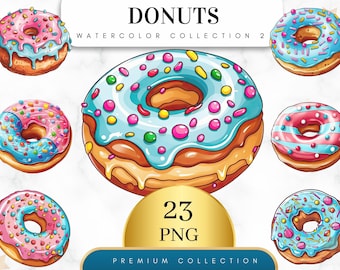 Set of 23, Watercolor Donuts Art, Donuts Clip Art, Dessert Clipart Bundle, Sweet Bakery Food Clipart, Donut png, Food clipart, Digital Png