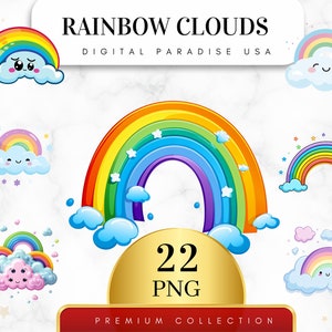 Pode incluir: Um conjunto de 22 ilustrações digitais de arco-íris e nuvens com rostos fofinhos. Os arco-íris são de várias cores e as nuvens são brancas com detalhes azuis. O texto "RAINBOW CLOUDS" e "DIGITAL PARADISE USA" está no topo da imagem. O texto "22 PNG" está em um círculo dourado e o texto "PREMIUM COLLECTION" está em um retângulo vermelho.