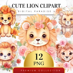 Set of 12, Cute Lion Clipart, Lion PNG, Jungle Animal, Safari Clipart, Baby Shower Decor, Sublimation PNG, Watercolor Lion, Digital Download