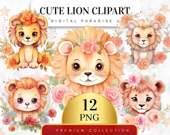 Zestaw 12, uroczy lew clipart, lew PNG, zwierzę dżungli, clipart safari, dekoracja na baby shower, sublimacja PNG, lew akwarelowy, pobieranie cyfrowe