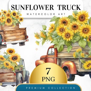 Set von 7, Western Aquarell Sonnenblumen LKW, Alter Türkis LKW, Junkin Png, Sonnenblumen LKW, Sublimationsdesign, Kartenherstellung, Digital PNG