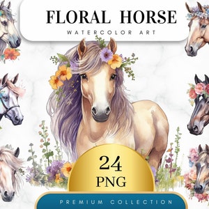 Set of 24, Watercolor Floral Horse Clip Art, Floral Horse Png, Watercolor Horse Png, Card Making, Wall Art, Floral Horse Svg, Digital PNG