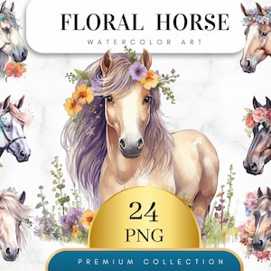 Conjunto de 24, clipart de cavalo floral em aquarela, cavalo floral Png, cavalo em aquarela Png, confecção de cartões, arte de parede, cavalo floral Svg, PNG digital