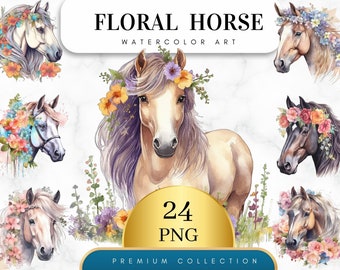 Set von 24, Aquarell Blumen Pferd Clip Art, Blumenpferd Png, Aquarell Pferd Png, Kartenherstellung, Wandkunst, Blumenpferd Svg, Digital PNG
