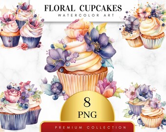 May include: Watercolor illustration of eight floral cupcakes with different flower arrangements. The cupcakes are decorated with buttercream frosting and colorful flowers, including purple, pink, and yellow. The cupcakes are on a white marble background. The text "Floral Cupcakes Watercolor Art" is at the top of the image. The text "8 PNG Premium Collection" is at the bottom of the image.