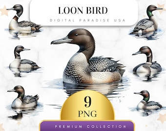 May include: Nine digital illustrations of loon birds in various poses, with a white background and the text "LOON BIRD DIGITAL PARADISE USA" and "9 PNG PREMIUM COLLECTION".