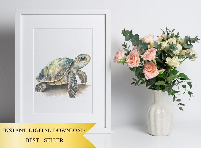 May include: A watercolor painting of a sea turtle on a white background. The turtle is green, brown, and yellow with a light brown shell. The turtle is facing the right side of the image. The painting is framed in a white frame.