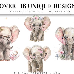 Set of 16, Watercolor Pink Baby Elephant, Baby Shower Clipart, Elephant ...