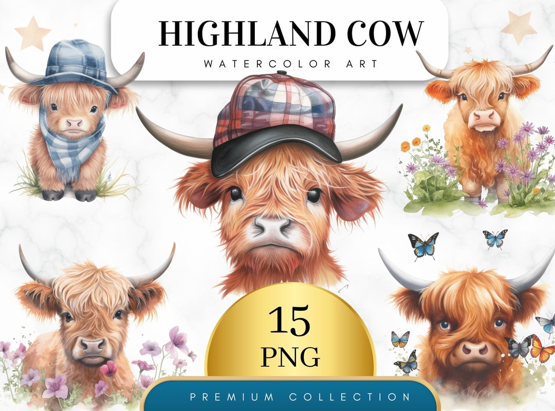 Set of 15, Baby Highland Cow PNG, Watercolor Baby Highland Clipart ...
